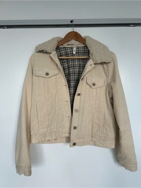 Mango Cream Corduroy Jacket with Black Plaid Lining